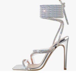 richealnini Women's Sparkly Clear Lace Up Ankle Strap High Heel Sandals Size 9